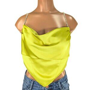 Forever 21 Small Chartreuse Green Satin Rhinestone Zip Back Party Club Crop Top